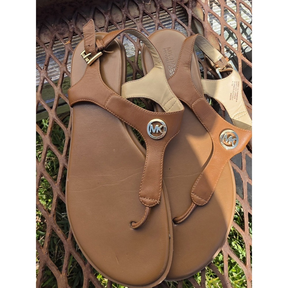 Womens Michael Kors Brown Leather Logo Thong Wedge Sandals Size 8.5